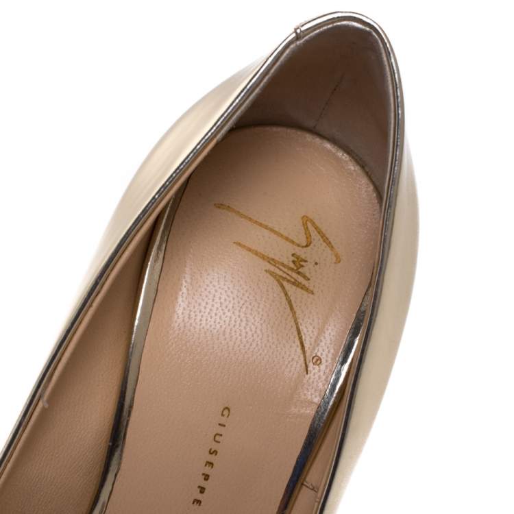 Pre Owned Giuseppe Zanotti Metallic Gold Leather Peep Toe Platform Pumps Size 37.5