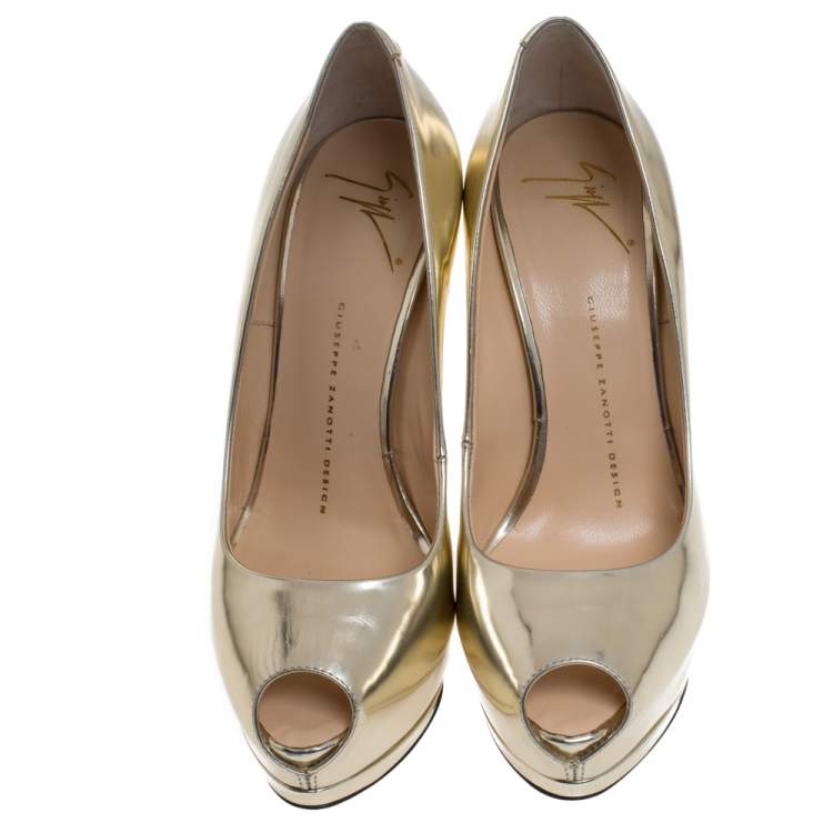 Pre Owned Giuseppe Zanotti Metallic Gold Leather Peep Toe Platform Pumps Size 37.5