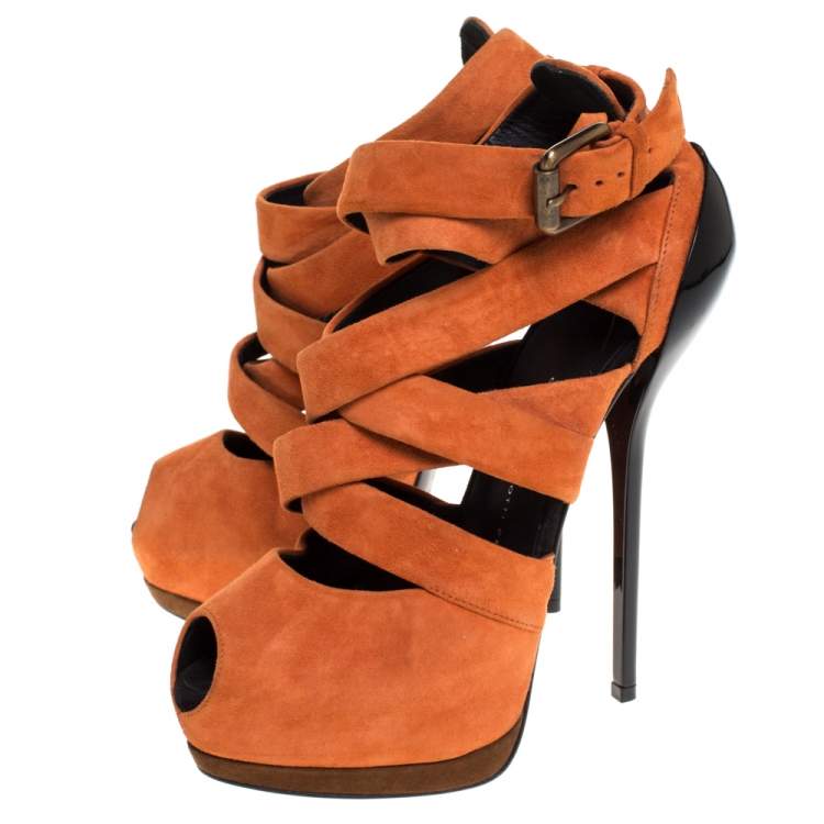Pre Owned Giuseppe Zanotti Orange Suede Strappy Peep Toe Platform Sandals Size 38