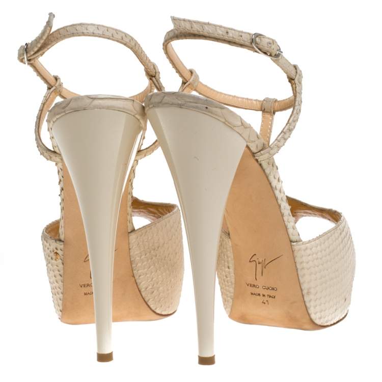 Pre Owned Giuseppe Zanotti Beige Python Embossed Leather T Strap Platform Sandals Size 41