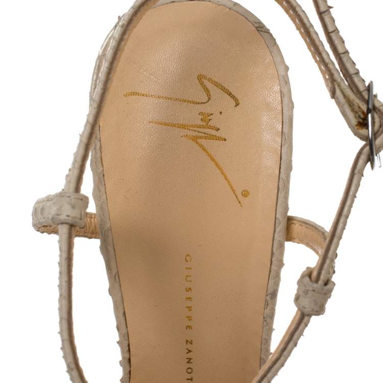 Pre Owned Giuseppe Zanotti Beige Python Embossed Leather T Strap Platform Sandals Size 41