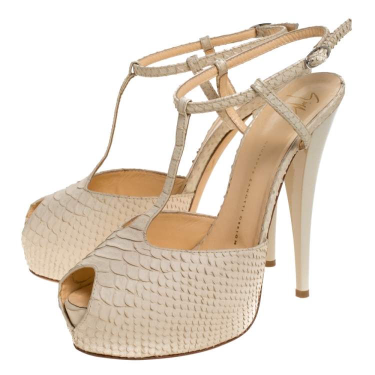 Pre Owned Giuseppe Zanotti Beige Python Embossed Leather T Strap Platform Sandals Size 41
