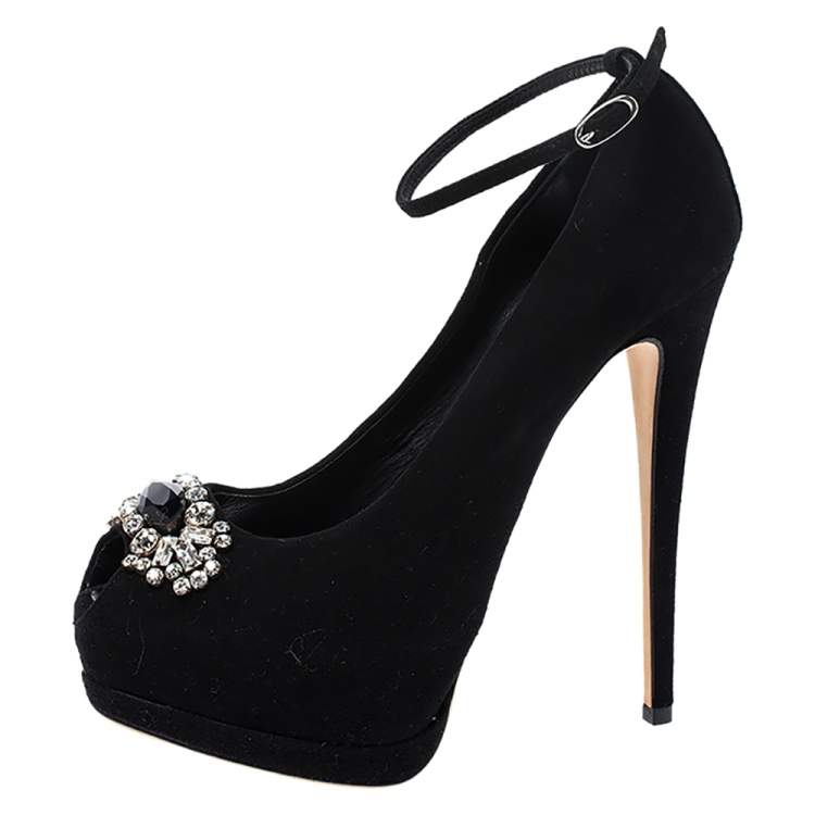 Pre Owned Giuseppe Zanotti Black Suede Crystal Embellished Ankle Strap Peep Toe Platform Pumps Size 37.5