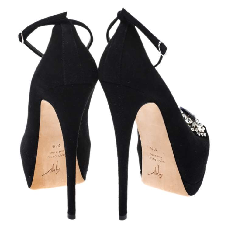 Pre Owned Giuseppe Zanotti Black Suede Crystal Embellished Ankle Strap Peep Toe Platform Pumps Size 37.5
