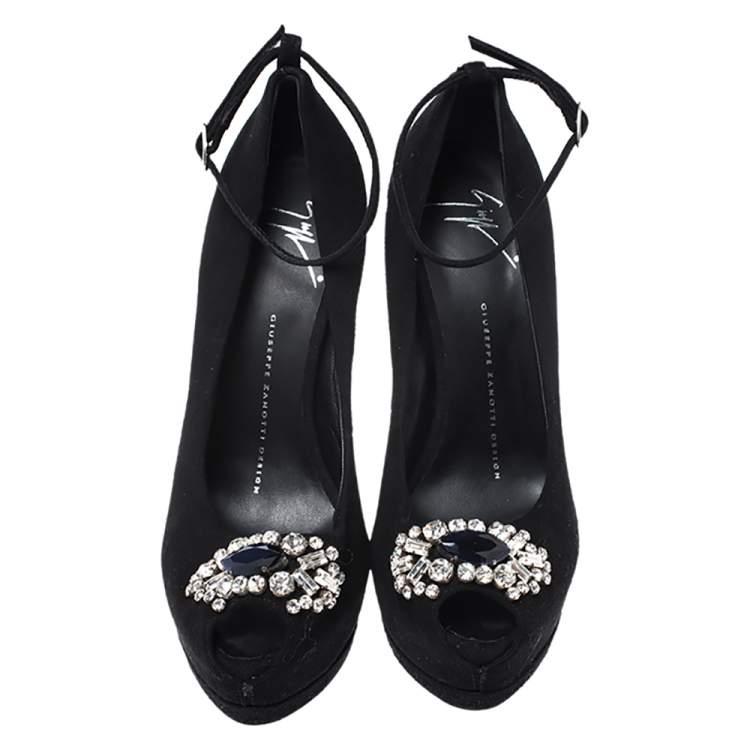 Pre Owned Giuseppe Zanotti Black Suede Crystal Embellished Ankle Strap Peep Toe Platform Pumps Size 37.5