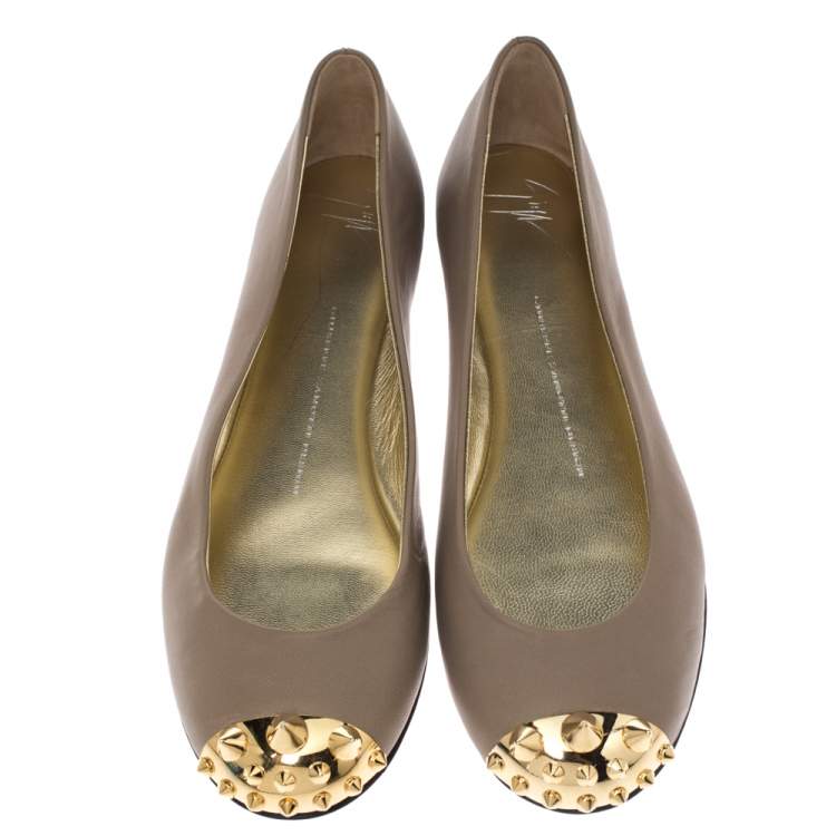 Pre Owned Giuseppe Zanotti Beige Leather Malika Spiked Cap Toe Ballet Flats Size 38