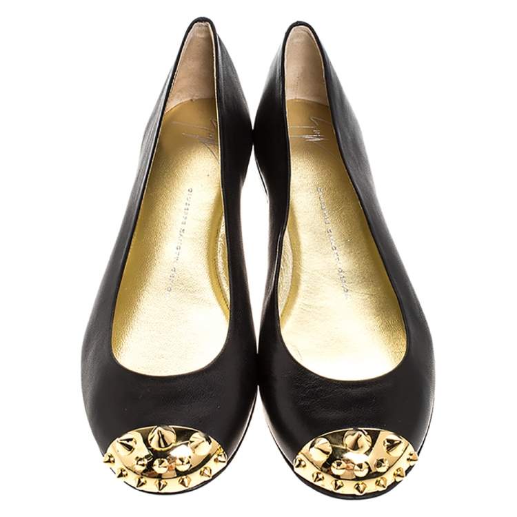 Pre Owned Giuseppe Zanotti Black Leather Malika Spiked Cap Toe Ballet Flats Size 38