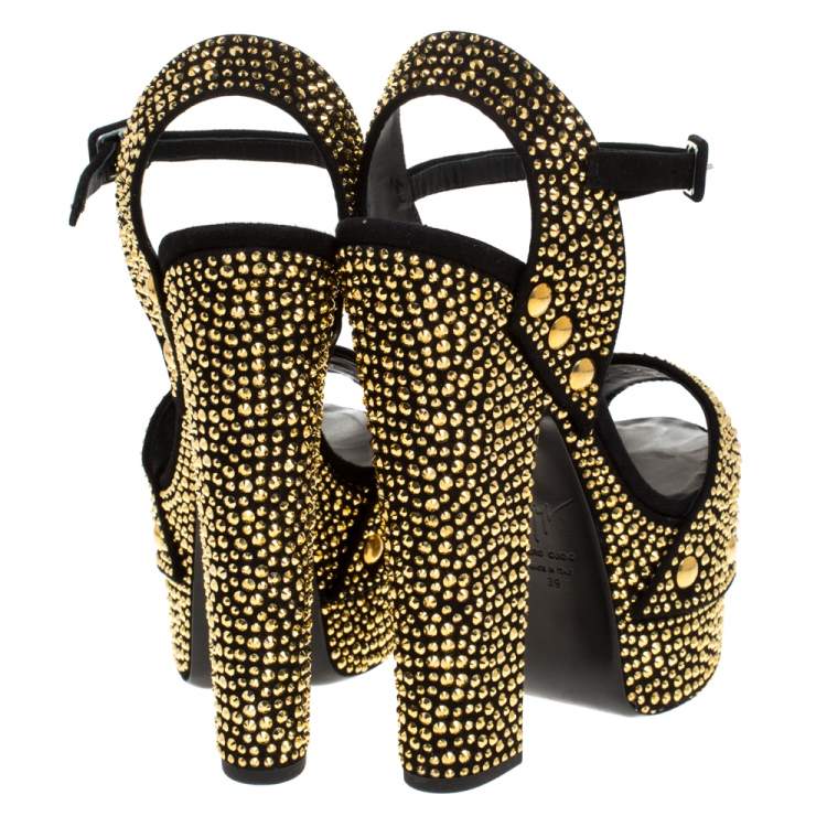 Pre Owned Giuseppe Zanotti Black/Gold Crystal Embellished Suede Betty Platform Sandals Size 39