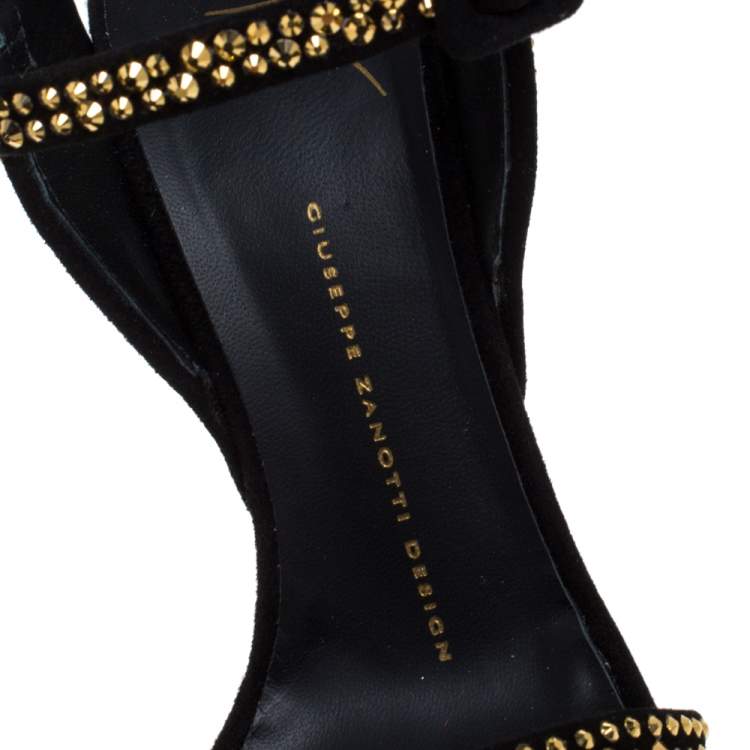 Pre Owned Giuseppe Zanotti Black/Gold Crystal Embellished Suede Betty Platform Sandals Size 39