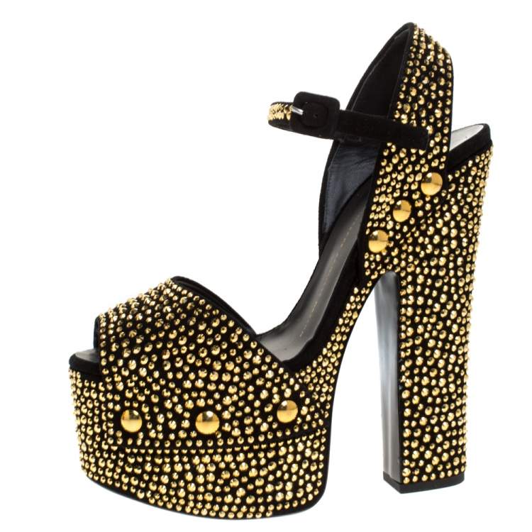 Pre Owned Giuseppe Zanotti Black/Gold Crystal Embellished Suede Betty Platform Sandals Size 39