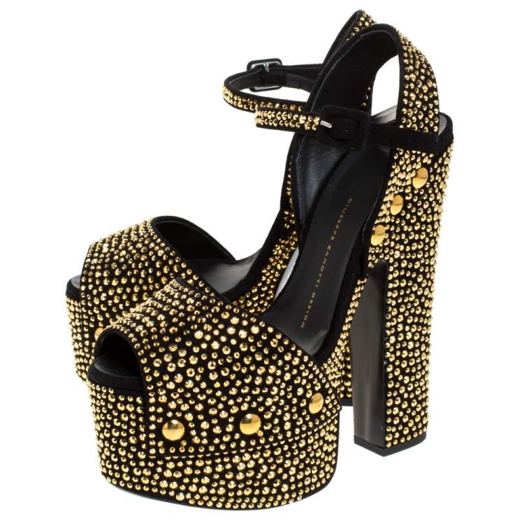 Pre Owned Giuseppe Zanotti Black/Gold Crystal Embellished Suede Betty Platform Sandals Size 39