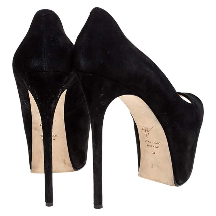 مملوكة مسبقًا Giuseppe Zanotti Black Suede Liza Peep Toe Platform Pumps Size 39