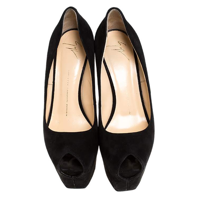 مملوكة مسبقًا Giuseppe Zanotti Black Suede Liza Peep Toe Platform Pumps Size 39