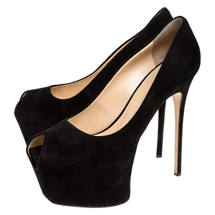 مملوكة مسبقًا Giuseppe Zanotti Black Suede Liza Peep Toe Platform Pumps Size 39