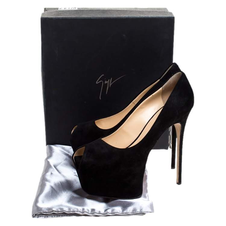 مملوكة مسبقًا Giuseppe Zanotti Black Suede Liza Peep Toe Platform Pumps Size 39