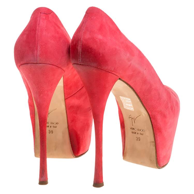 Pre Owned Giuseppe Zanotti Coral Pink Suede Liza Peep Toe Platform Pumps Size 39