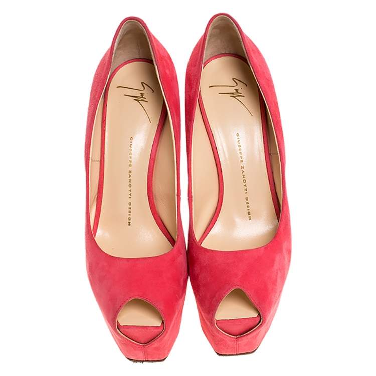 Pre Owned Giuseppe Zanotti Coral Pink Suede Liza Peep Toe Platform Pumps Size 39