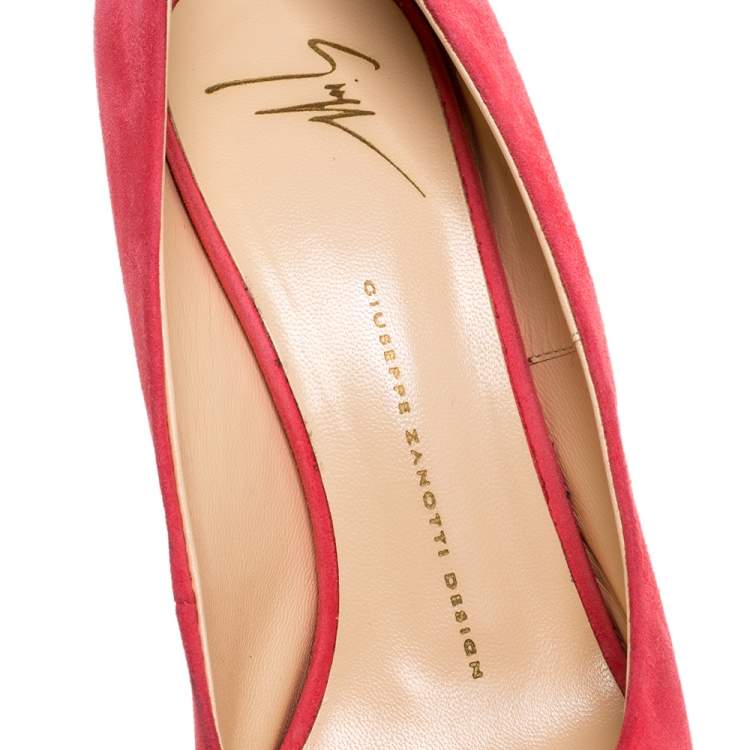 Pre Owned Giuseppe Zanotti Coral Pink Suede Liza Peep Toe Platform Pumps Size 39
