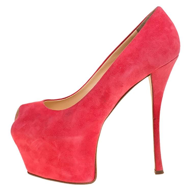 Pre Owned Giuseppe Zanotti Coral Pink Suede Liza Peep Toe Platform Pumps Size 39
