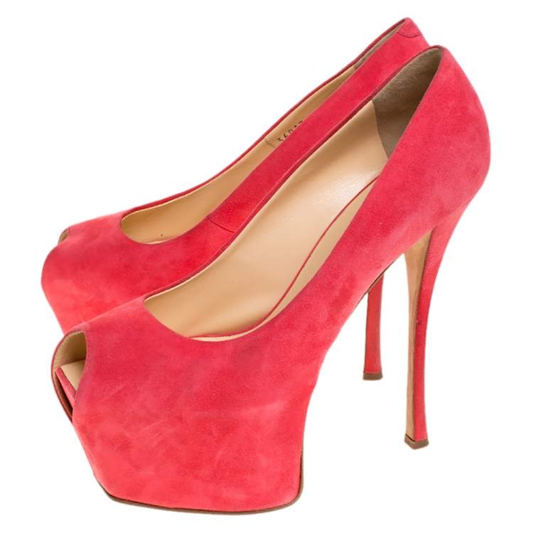 Pre Owned Giuseppe Zanotti Coral Pink Suede Liza Peep Toe Platform Pumps Size 39