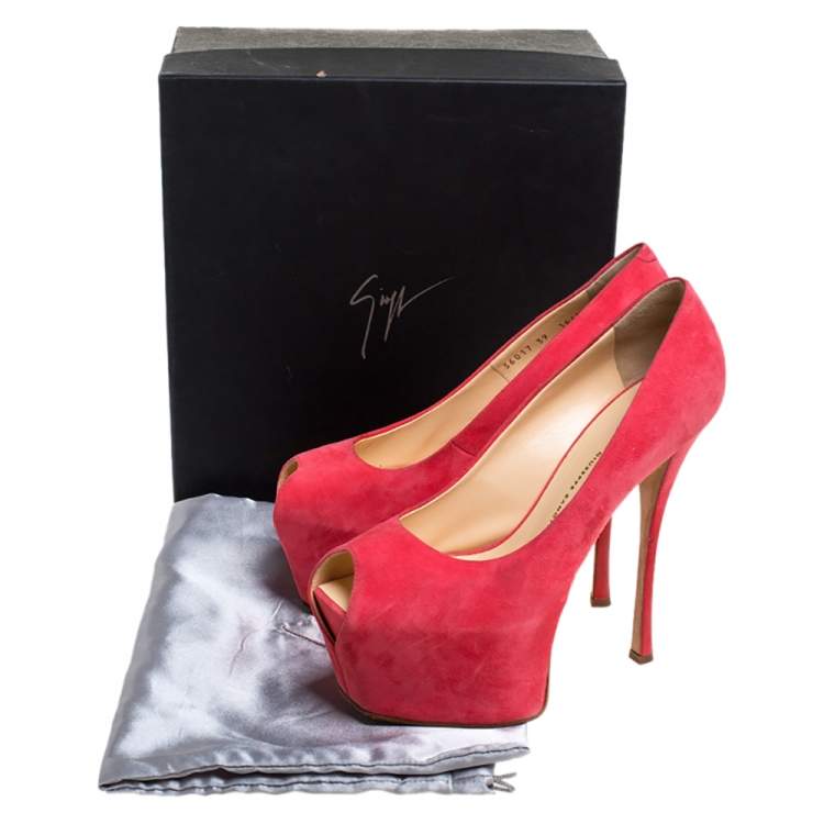 Pre Owned Giuseppe Zanotti Coral Pink Suede Liza Peep Toe Platform Pumps Size 39