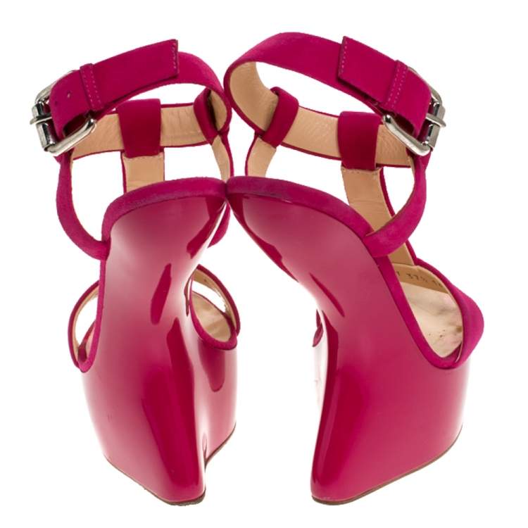 Pre Owned Giuseppe Zanotti Pink Suede T Strap Platform Heel Less Wedge Sandals Size 37.5