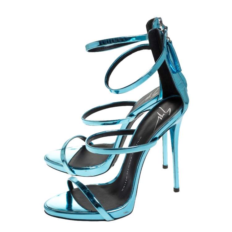 Pre Owned Giuseppe Zanotti Metallic Blue Patent Leather Coline Sandals Size 37