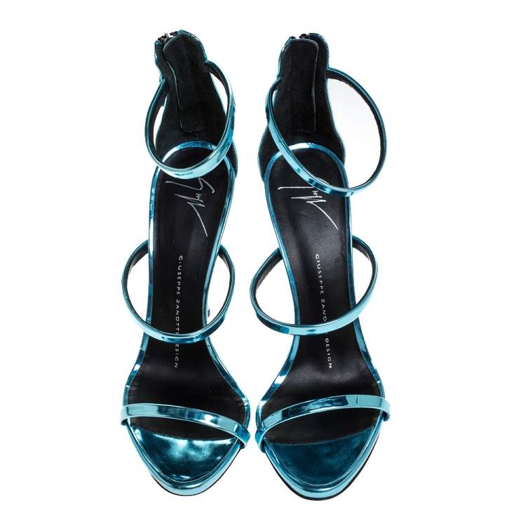 Pre Owned Giuseppe Zanotti Metallic Blue Patent Leather Coline Sandals Size 37