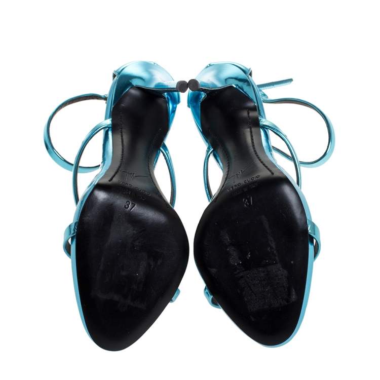 Pre Owned Giuseppe Zanotti Metallic Blue Patent Leather Coline Sandals Size 37