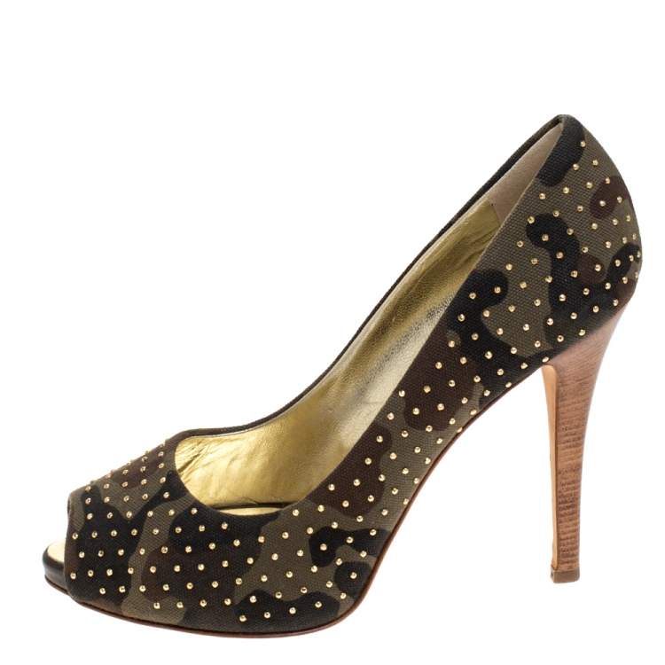 Pre Owned Giuseppe Zanotti Camouflage Canvas Studded Peep Toe Pumps Size 41