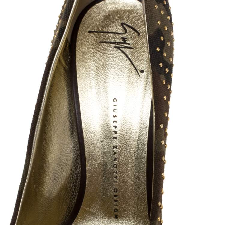 Pre Owned Giuseppe Zanotti Camouflage Canvas Studded Peep Toe Pumps Size 41