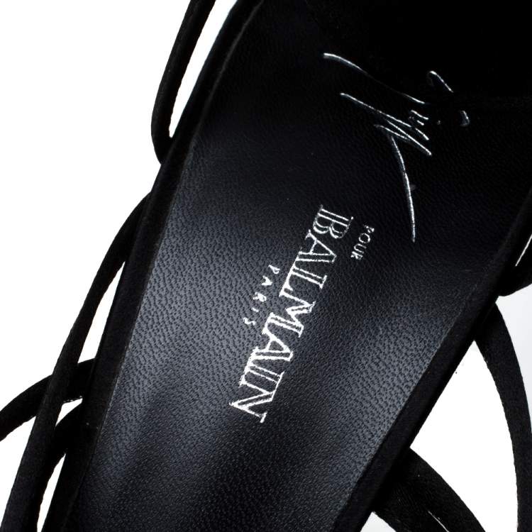 مملوكة مسبقًا Guiseppe Zanotti For Balmain Black Satin Strappy Crystal Embellished Bow Sandals Size 39