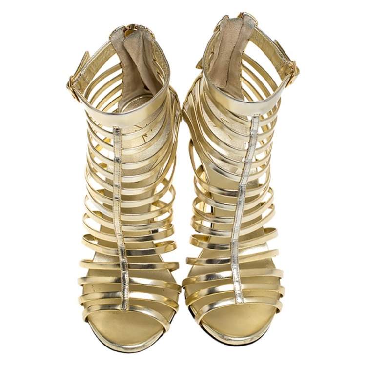 Pre Owned Giuseppe Zanotti Metallic Gold Leather Gladiator Sandals Size 38