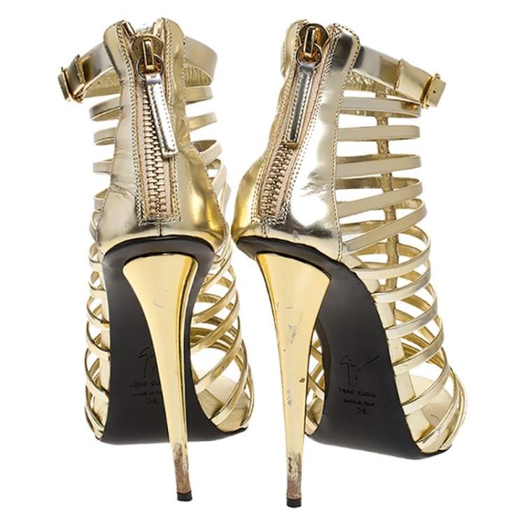 Pre Owned Giuseppe Zanotti Metallic Gold Leather Gladiator Sandals Size 38