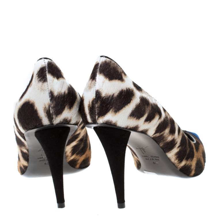 Pre Owned Giuseppe Zanotti Blue/Brown Leopard Print Calf Hair Yvette Pointed Pumps Size 40