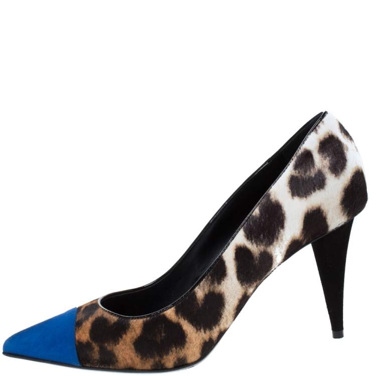 Pre Owned Giuseppe Zanotti Blue/Brown Leopard Print Calf Hair Yvette Pointed Pumps Size 40