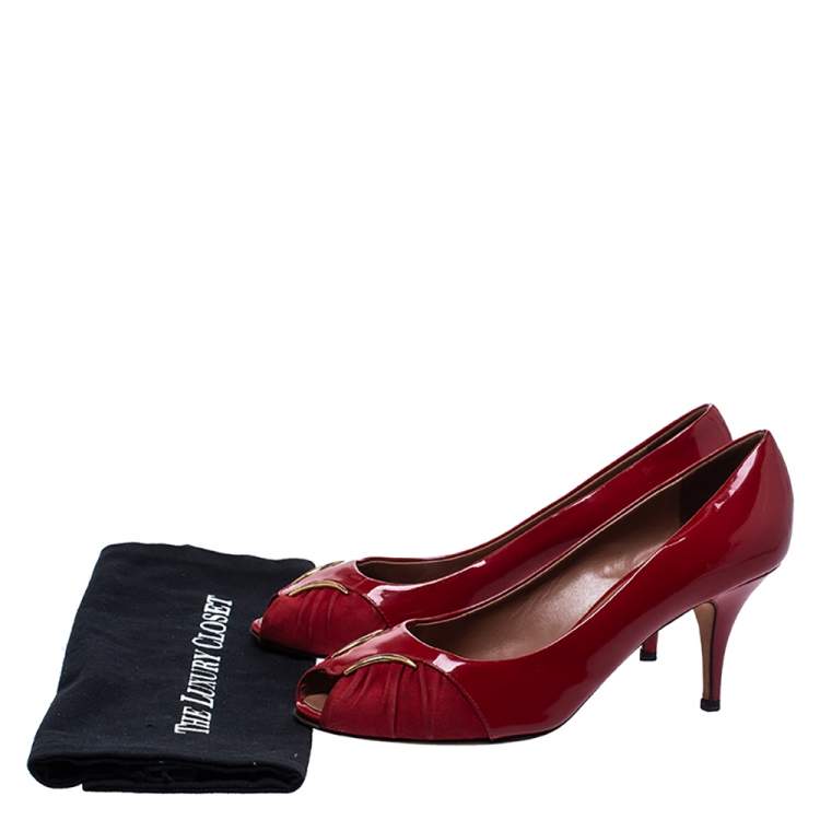 Pre Owned Giuseppe Zanotti Red Patent Leather and Suede Peep Toe Pumps Size 39.5