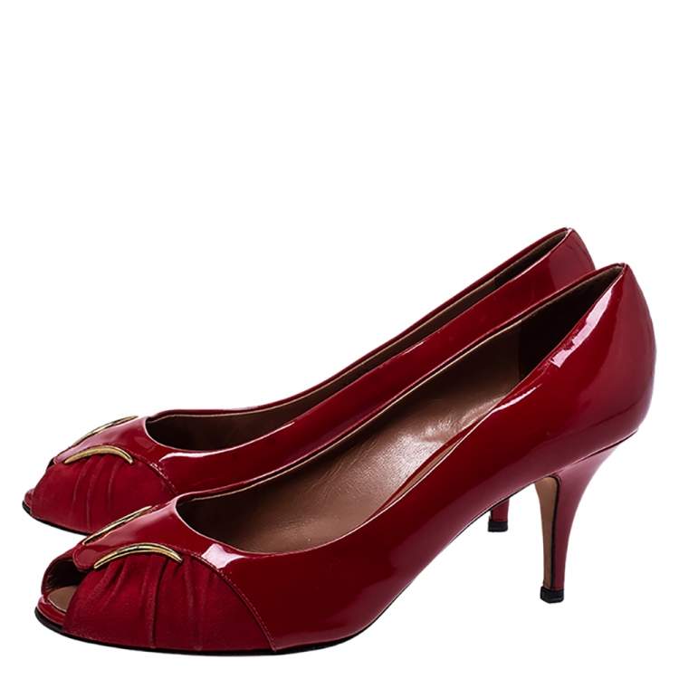 Pre Owned Giuseppe Zanotti Red Patent Leather and Suede Peep Toe Pumps Size 39.5