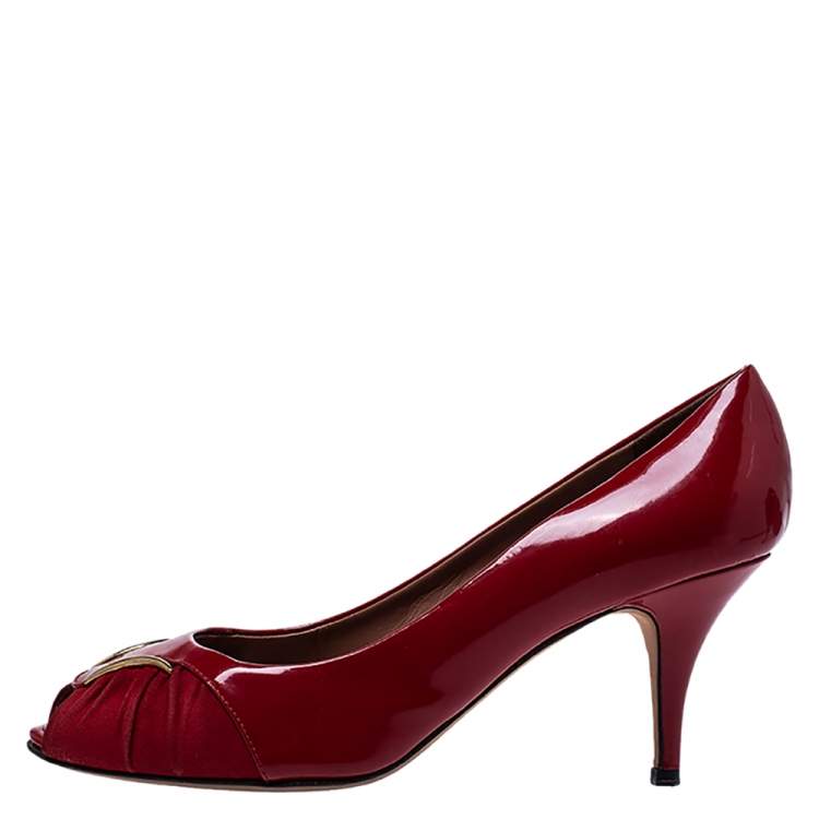 Pre Owned Giuseppe Zanotti Red Patent Leather and Suede Peep Toe Pumps Size 39.5