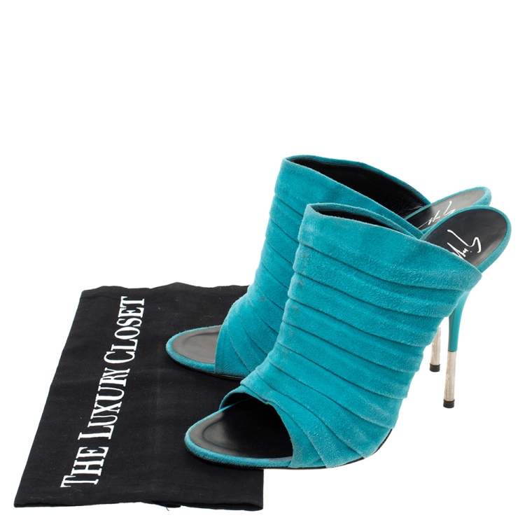 Pre Owned Giuseppe Zanotti Turquoise Green Suede Open Toe Mule Sandals Size 39