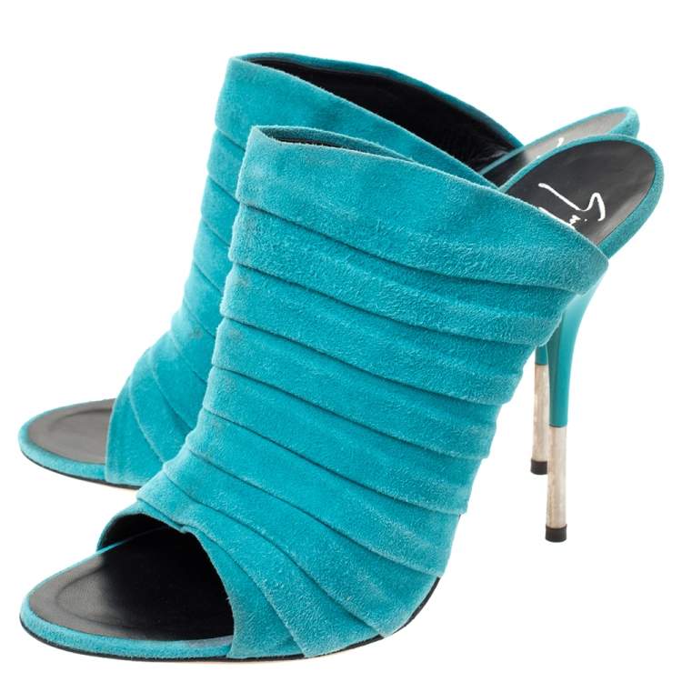 Pre Owned Giuseppe Zanotti Turquoise Green Suede Open Toe Mule Sandals Size 39
