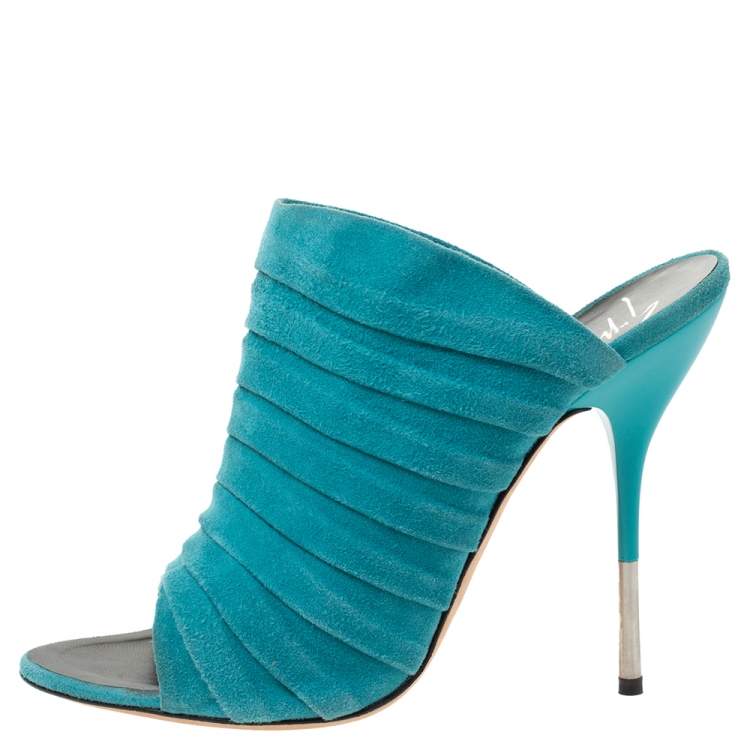 Pre Owned Giuseppe Zanotti Turquoise Green Suede Open Toe Mule Sandals Size 39