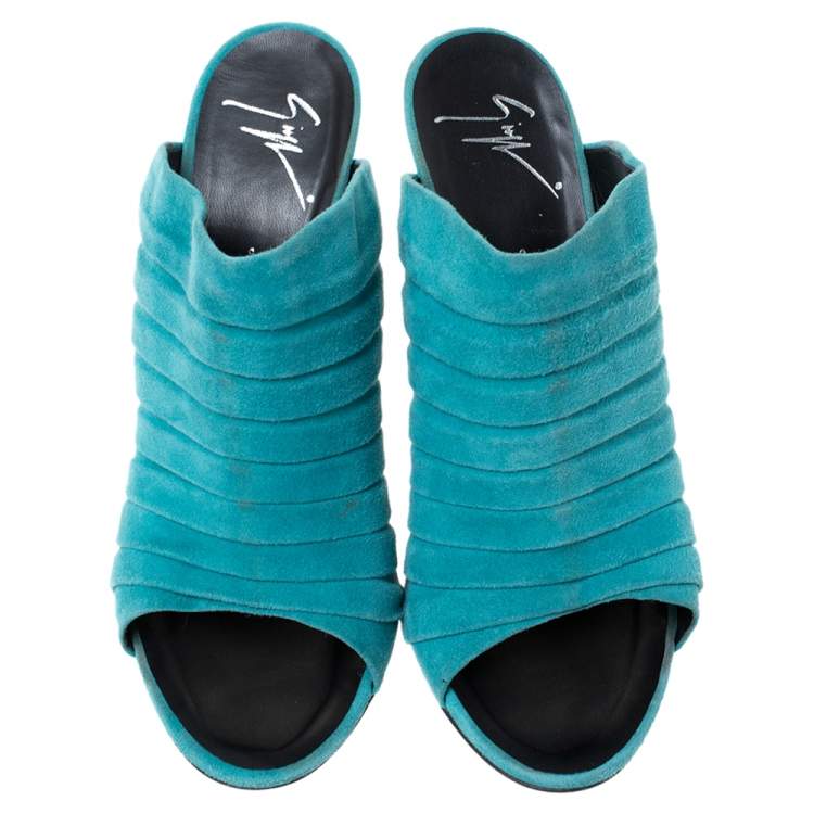Pre Owned Giuseppe Zanotti Turquoise Green Suede Open Toe Mule Sandals Size 39