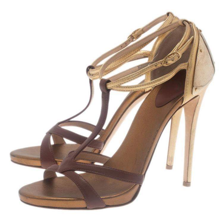 Pre Owned Giuseppe Zanotti Cognac & Gold Leather Metal Plated T-Strap Sandals Size 38.5