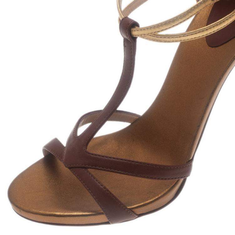 Pre Owned Giuseppe Zanotti Cognac & Gold Leather Metal Plated T-Strap Sandals Size 38.5
