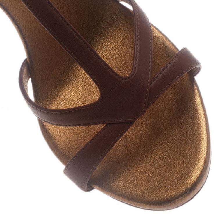 Pre Owned Giuseppe Zanotti Cognac & Gold Leather Metal Plated T-Strap Sandals Size 38.5