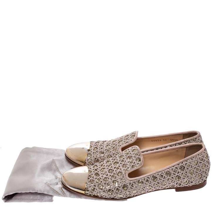 Pre Owned Giuseppe Zanotti Metallic Gold Coarse Glitter Metal Cap Toe Flats Size 38