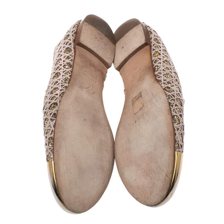 Pre Owned Giuseppe Zanotti Metallic Gold Coarse Glitter Metal Cap Toe Flats Size 38