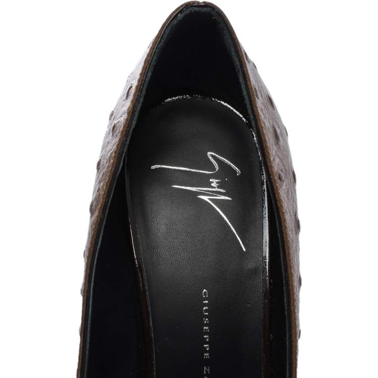 مملوكة مسبقًا Giuseppe Zanotti Brown Ostrich Embossed Leather Lucrezia Pointed Toe Pumps Size 38.5