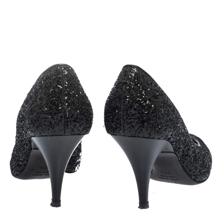مملوكة مسبقًا Giuseppe Zanotti Black Glitter Olinda V Throat Pumps Size 38.5